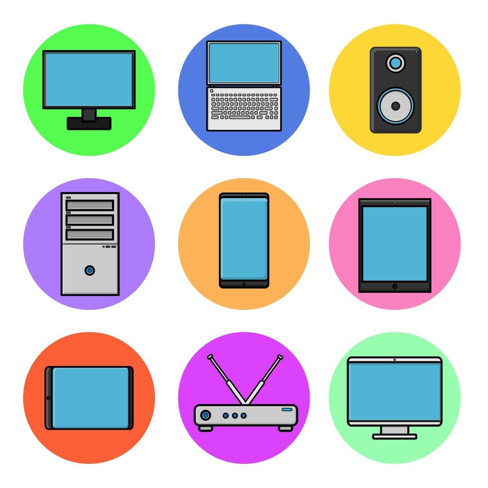 conjunto de iconos redondos de computadora, elementos digitales modernos de tecnología de la información, teléfono inteligente, teléfono, tableta, monitor, computadora portátil, computadora, enrutador wi-fi, columna vector