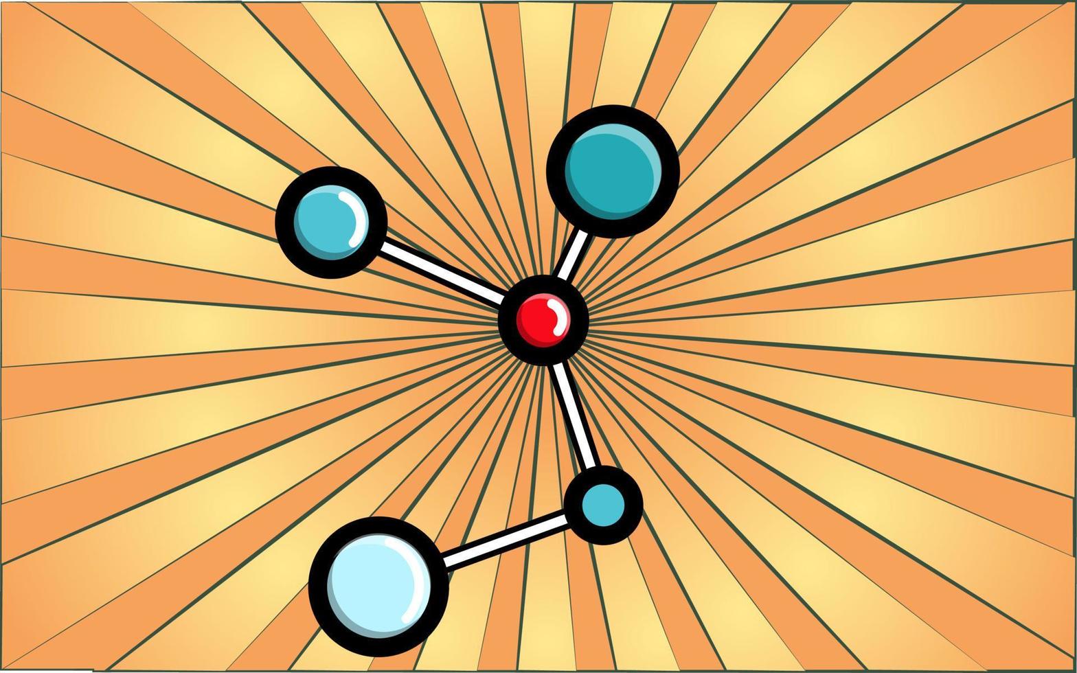 Medical chemical scientific model of a molecule with nuclei on a background of abstract yellow rays. Vector illustration