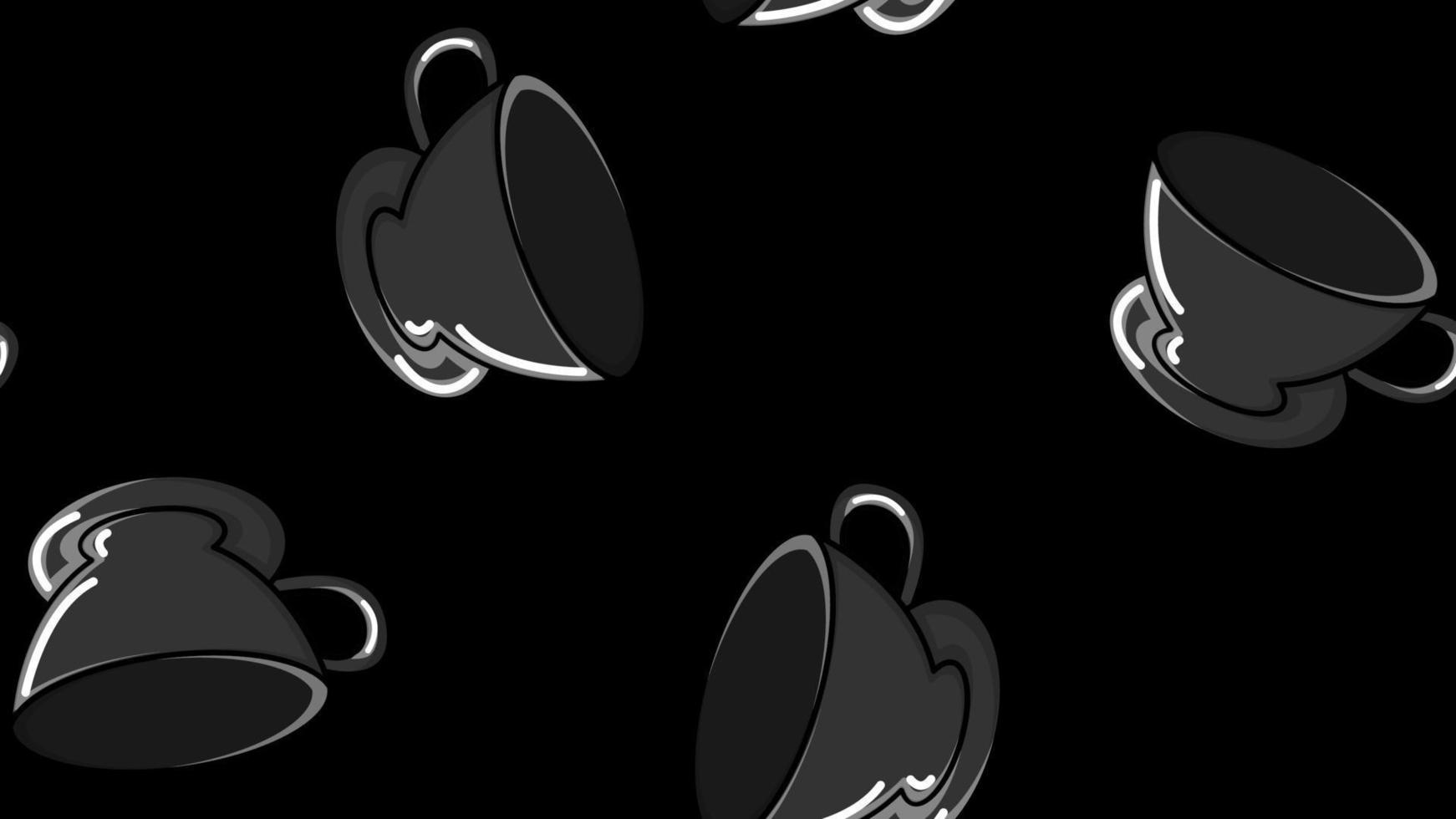 Seamless pattern of black and white repeating glasses and ceramic cups with a quick hot invigorating coffee American espresso robica arabica on a black background. Vector illustration