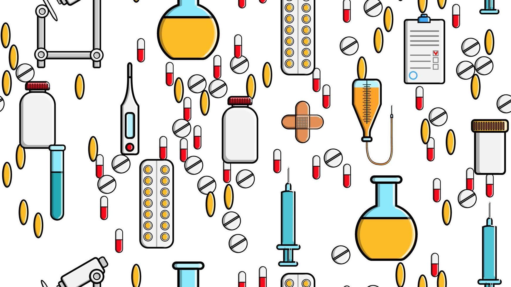 Seamless pattern texture of medicine items icons pricks pills pipettes stethoscopes tools doctor flasks capsules cans syringes on a white background flat lay top view. Vector illustration