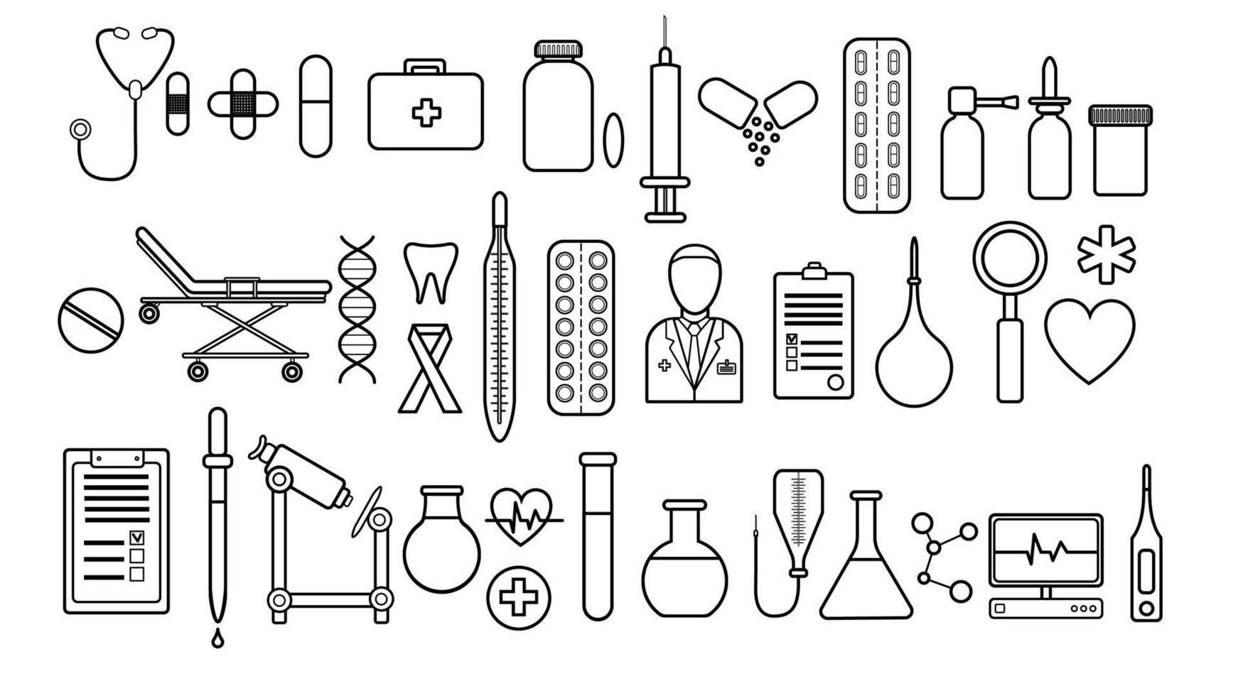 Medical pharmaceutical large set of medical items of simple black and white icons on a white background pills, thermometers, doctor, capsules, flasks, medicines, first aid kit. Vector illustration