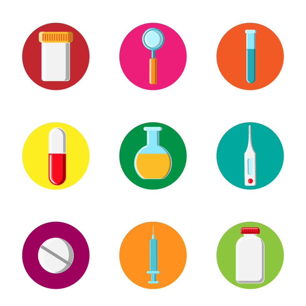 Set of medical icons in a circle, medical equipment items pills, loupes, syringes, cans, thermometers, flasks, capsules on a white background. Concept computer modern new technologies in healthcare vector