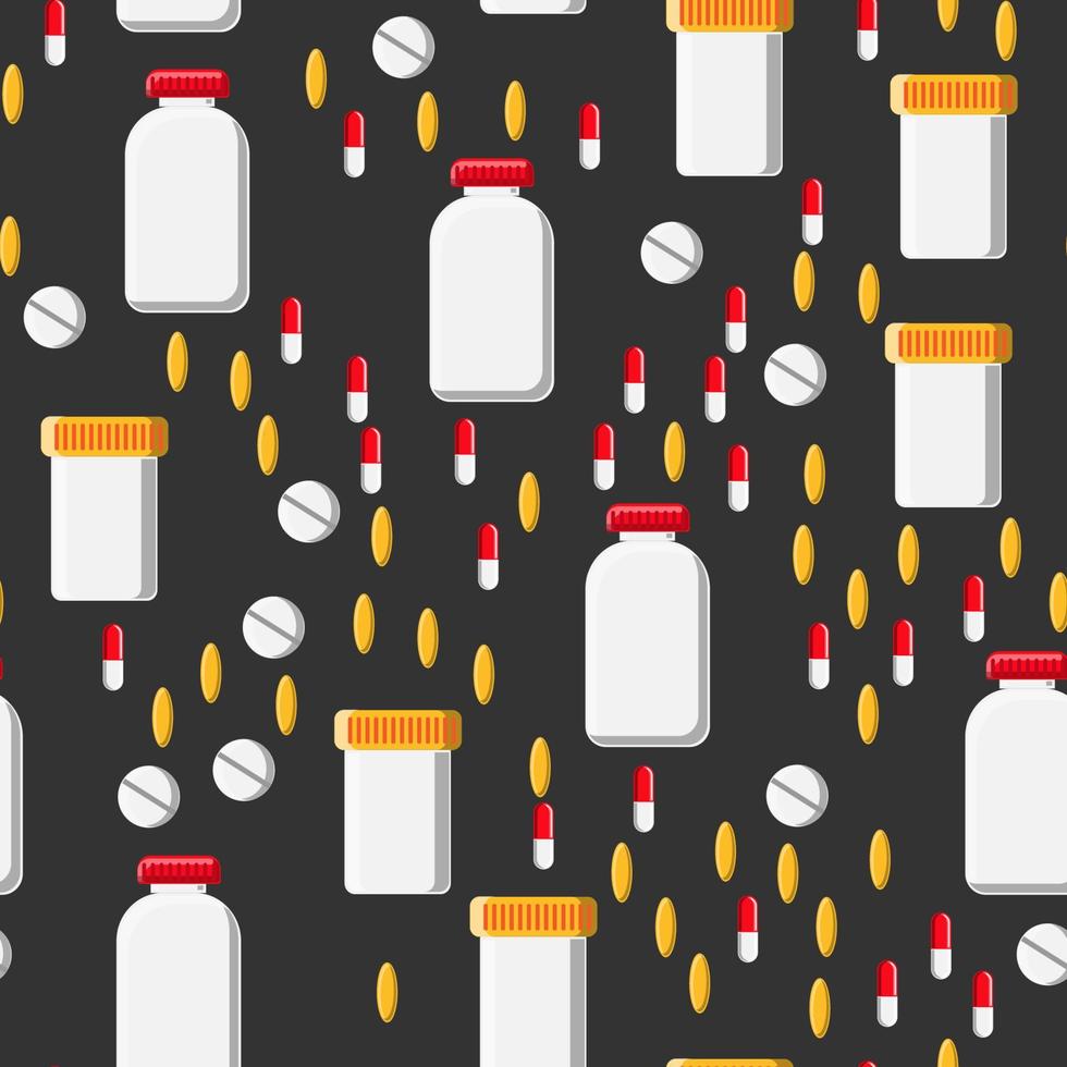 Medical seamless pattern, texture from medicinal pharmaceutical tablets, cans, capsules, vitamins, drugs, antibiotics, omega 3 fish oil isolated on a gray background. Concept health care vector