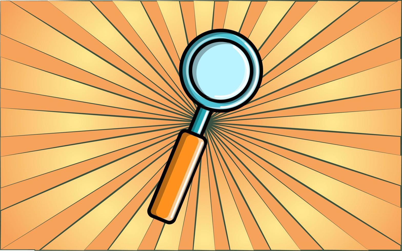 Medical optical science glass search magnifier with pen on abstract yellow rays background. Vector illustration