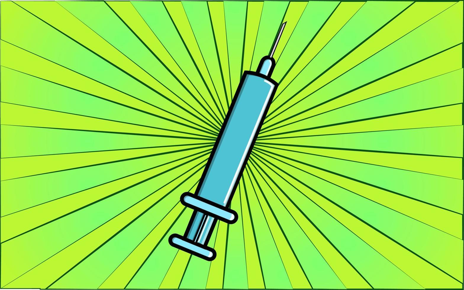 Medical pharmacological healing sterile disposable plastic syringe for injection and health care on a background of abstract green rays. Vector illustration