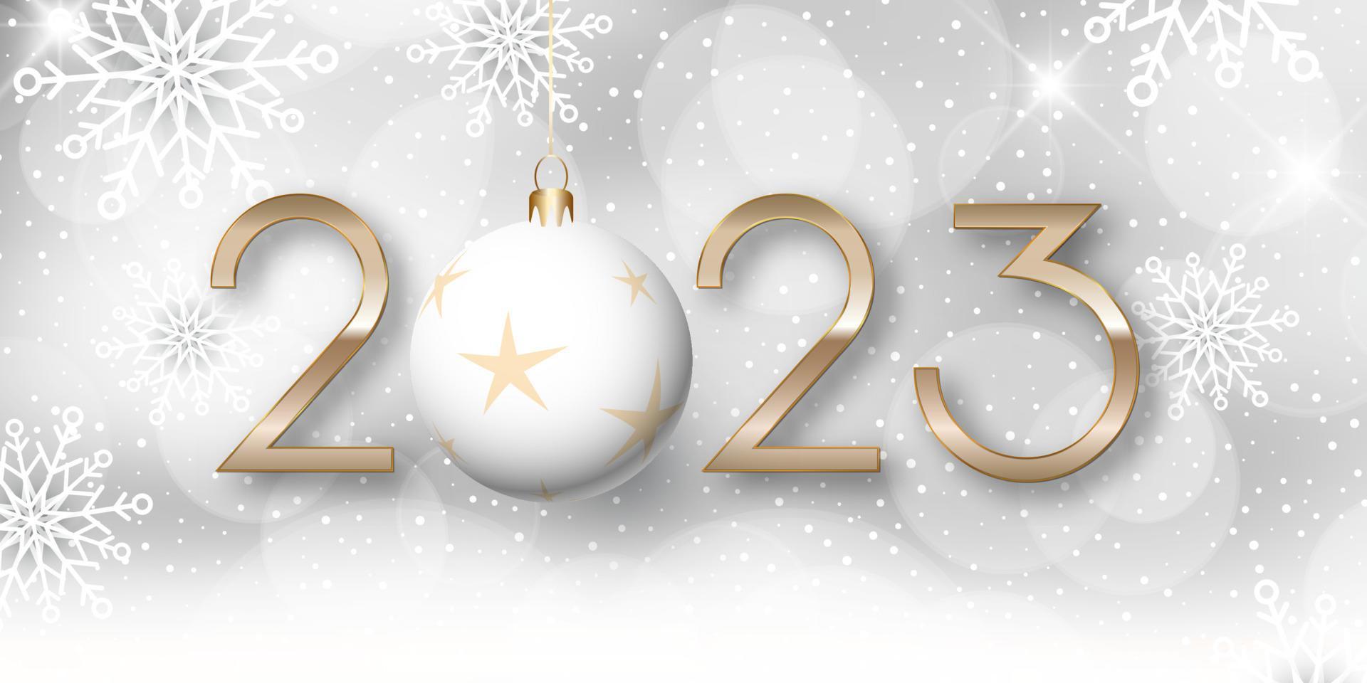 Elegant happy new year banner with hanging bauble design vector