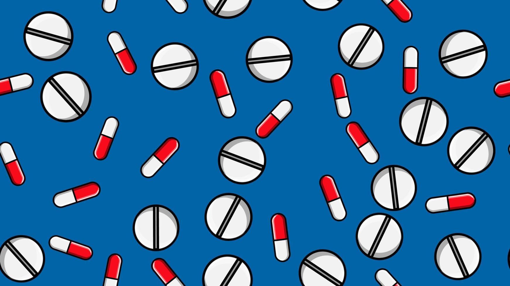 textura de patrón sin costuras de interminables tabletas de medicina repetitivas píldoras cápsulas de grageas y placas de medicamentos con vitaminas sobre un fondo azul plano. ilustración vectorial vector