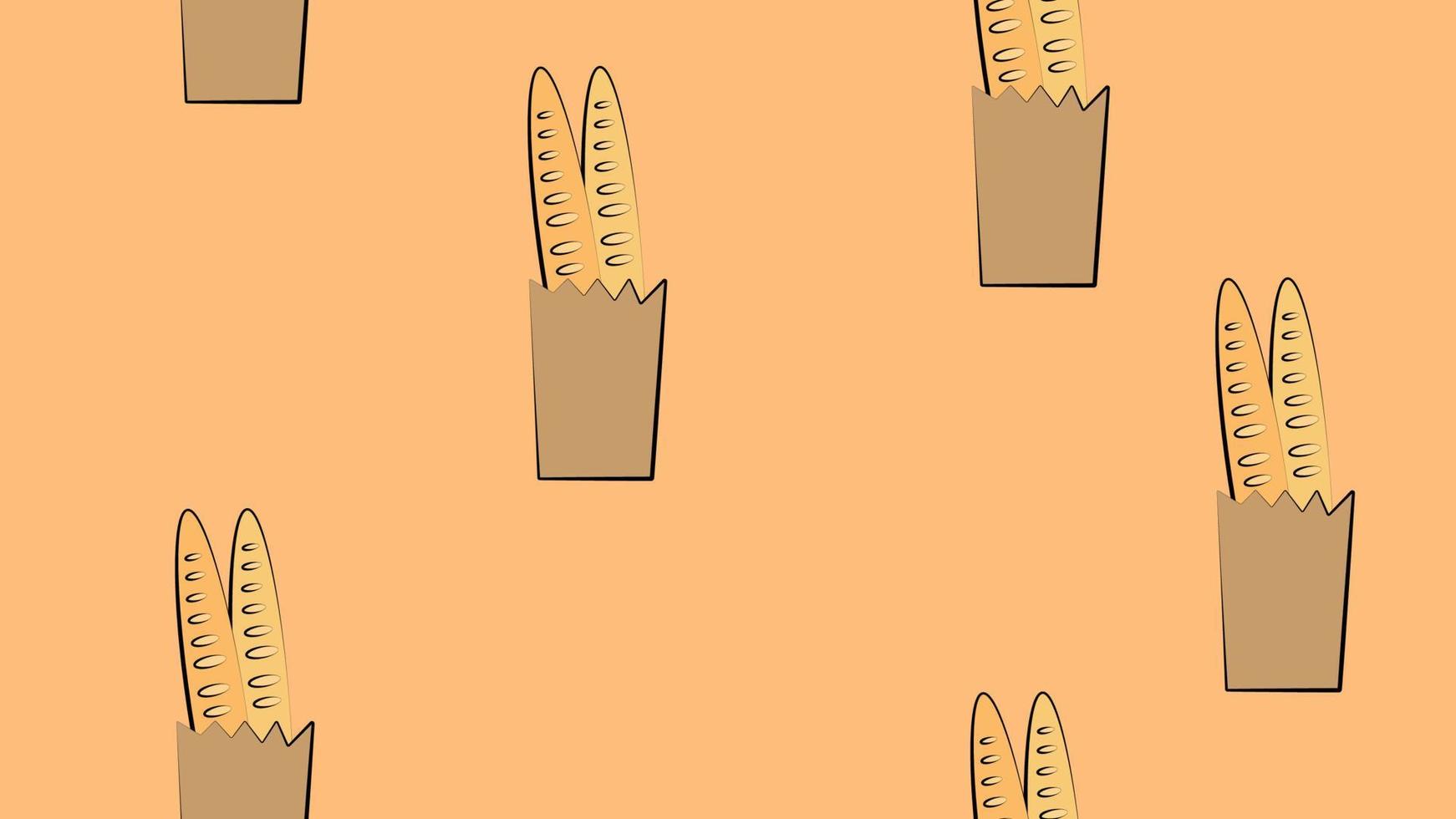 baguette bag on orange background, vector illustration, pattern. baguette in a paper bag, bakery food. seamless illustration, wallpaper for cafe and bakery