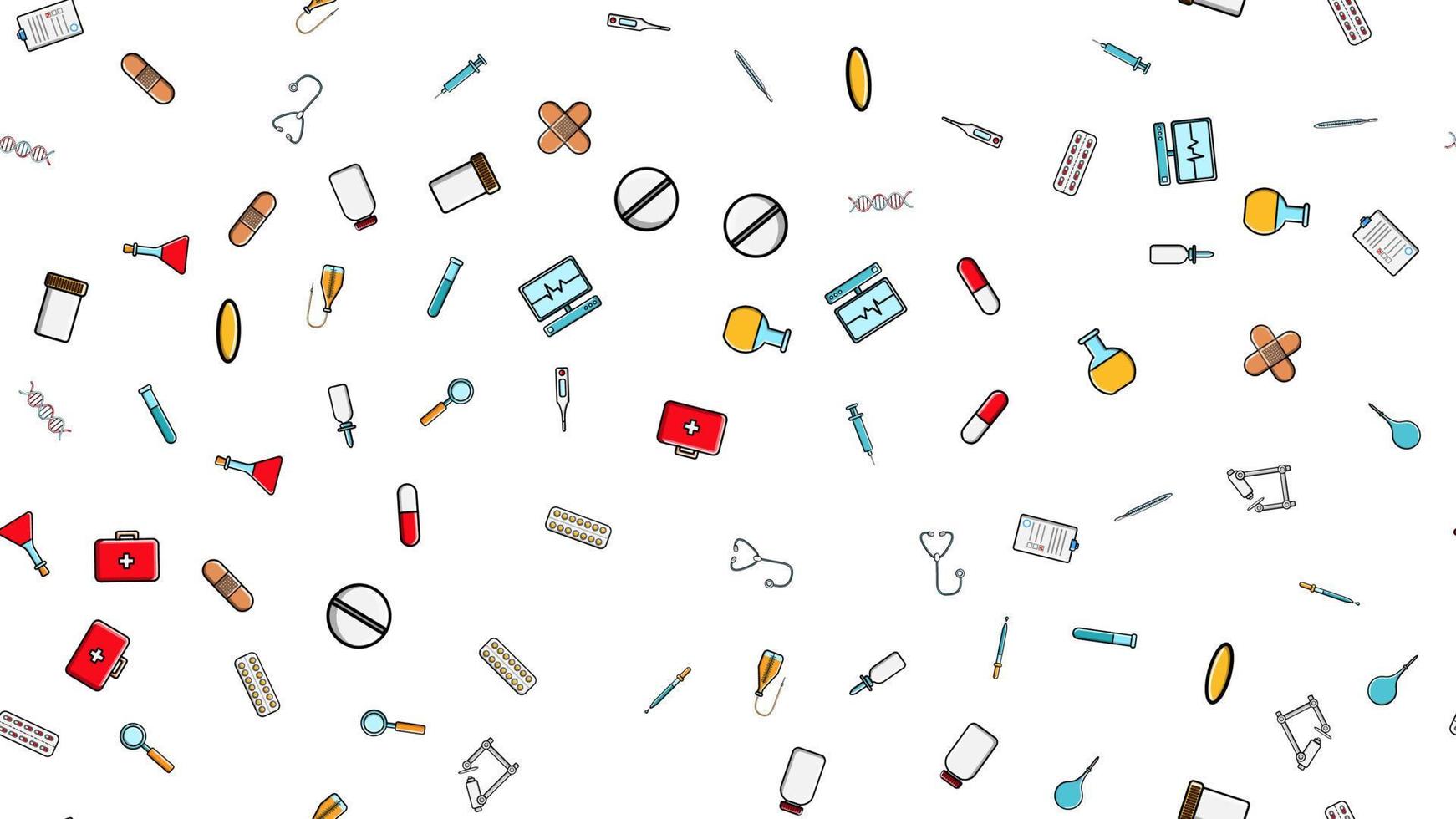 Seamless pattern texture of medicine items icons pricks pills pipettes stethoscopes tools doctor flasks capsules cans syringes on a white background flat lay top view. Vector illustration