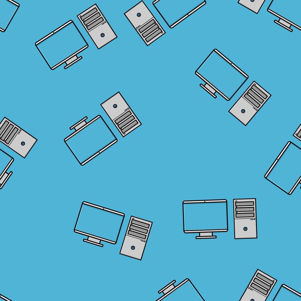 Seamless pattern, texture of modern powerful digital office computers with a monitor and a rectangular system unit, technology isolated on a blue background vector