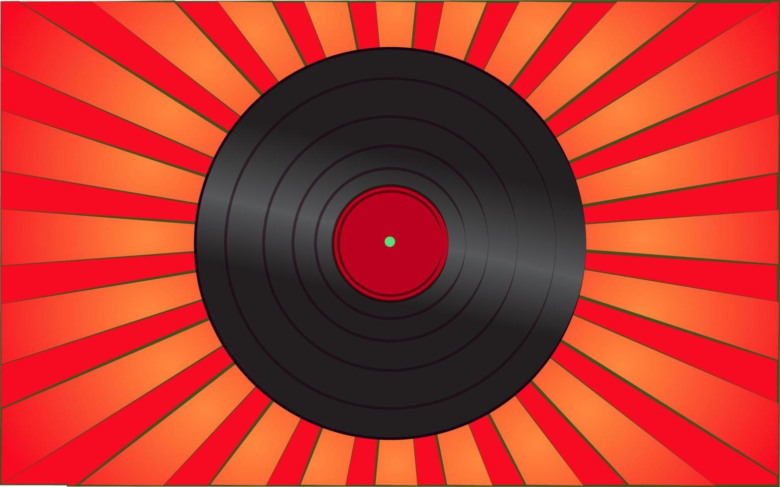 Retro old antique hipster musical vinyl record from the 70s, 80s, 90s, 2000s against a background of abstract red rays. Vector illustration