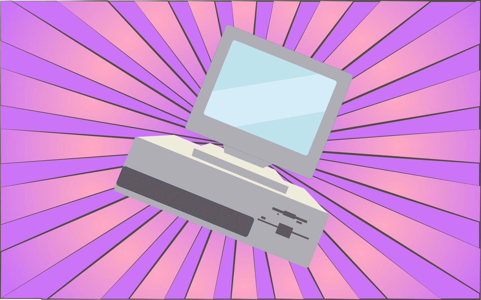 Retro old antique hipster computer from the 70s, 80s, 90s, 2000s against a background of abstract purple rays. Vector illustration