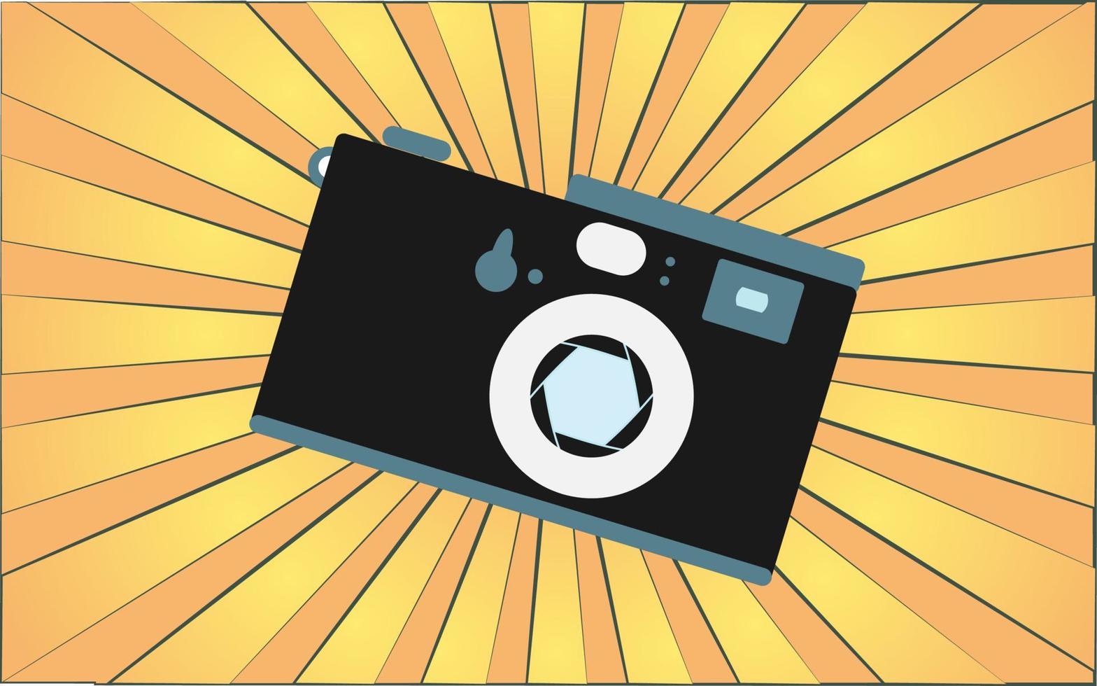 Retro old antique hipster camera from the 70s, 80s, 90s, 2000s against a background of abstract yellow rays. Vector illustration