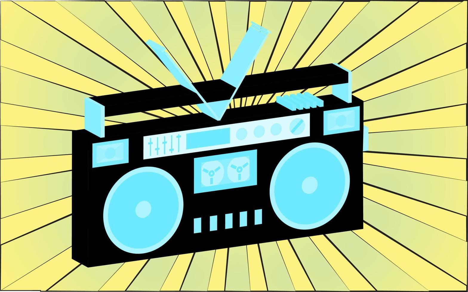 Retro old antique music audio recorder from the 70s, 80s, 90s, 2000s against a background of abstract yellow rays. Vector illustration