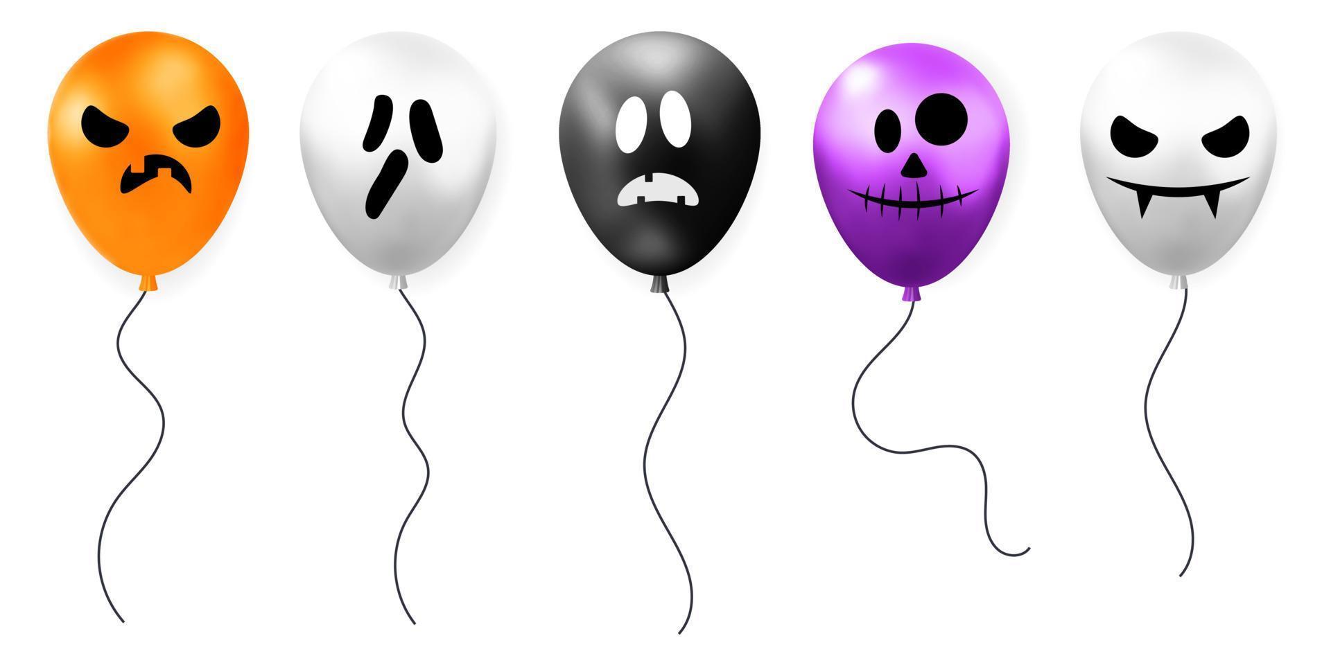 Set of realistic render Halloween balloons with ghost face expressions 3d vector design