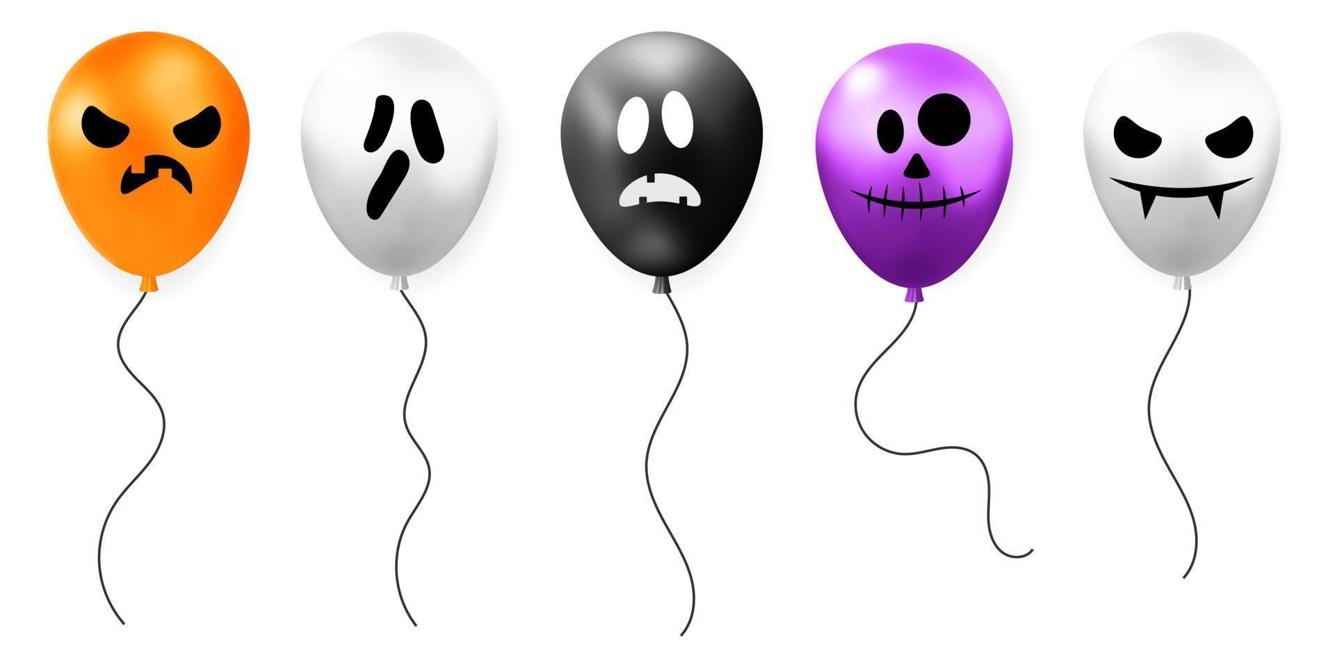 Set of realistic render Halloween balloons with ghost face expressions 3d vector design