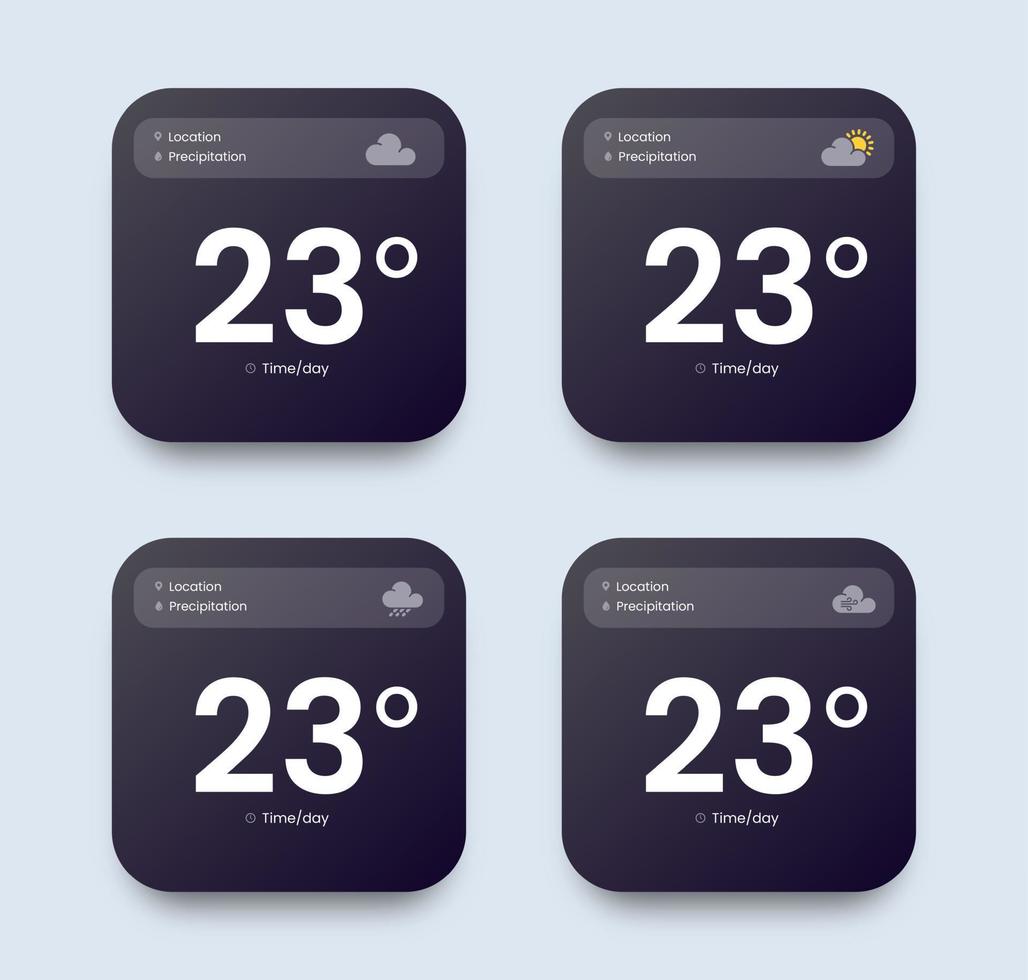 Interface elements for weather forecast mobile app. Black UI toolkit vector illustration.