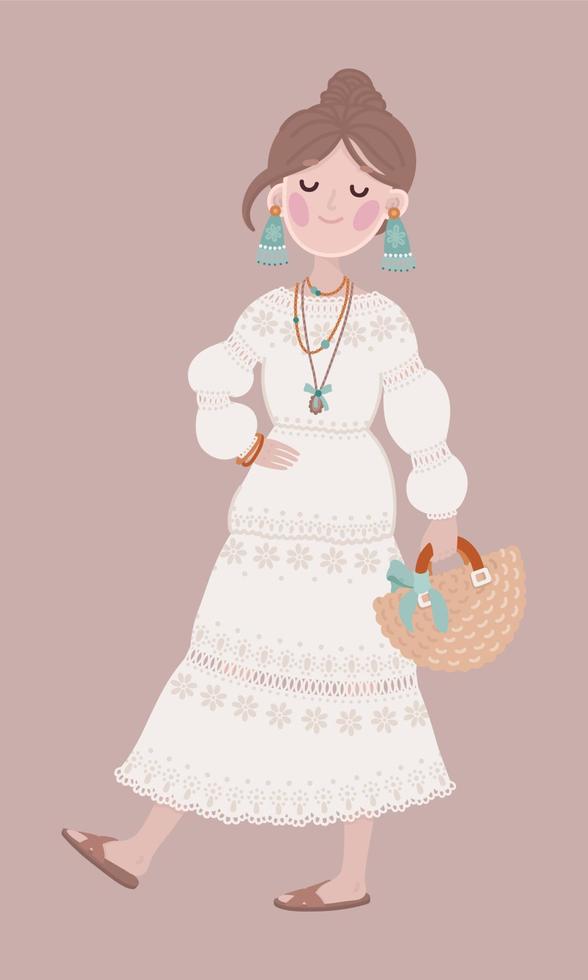 boho outfit niña en vestido blanco vector