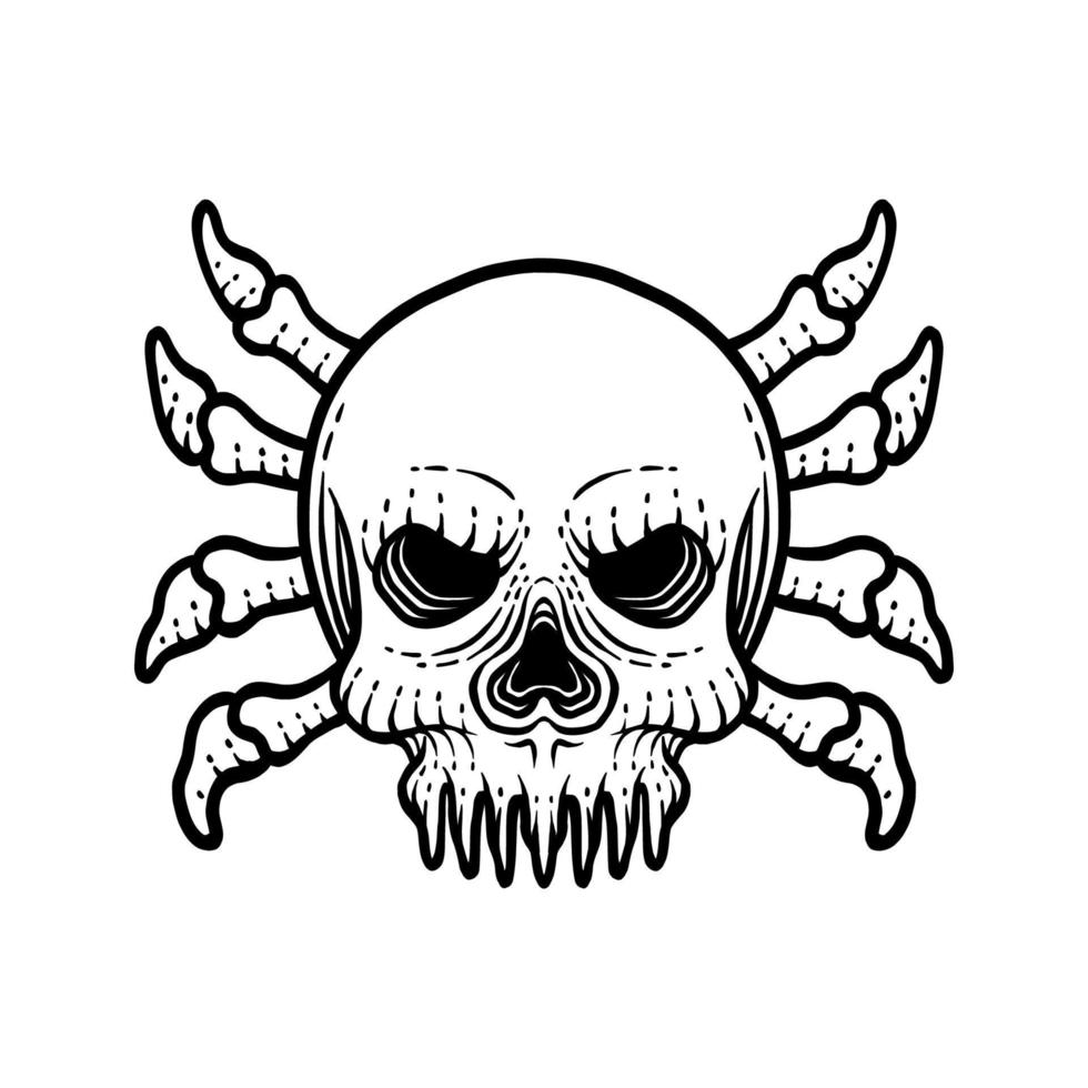 Skull with spider style drawn in engraving style vector