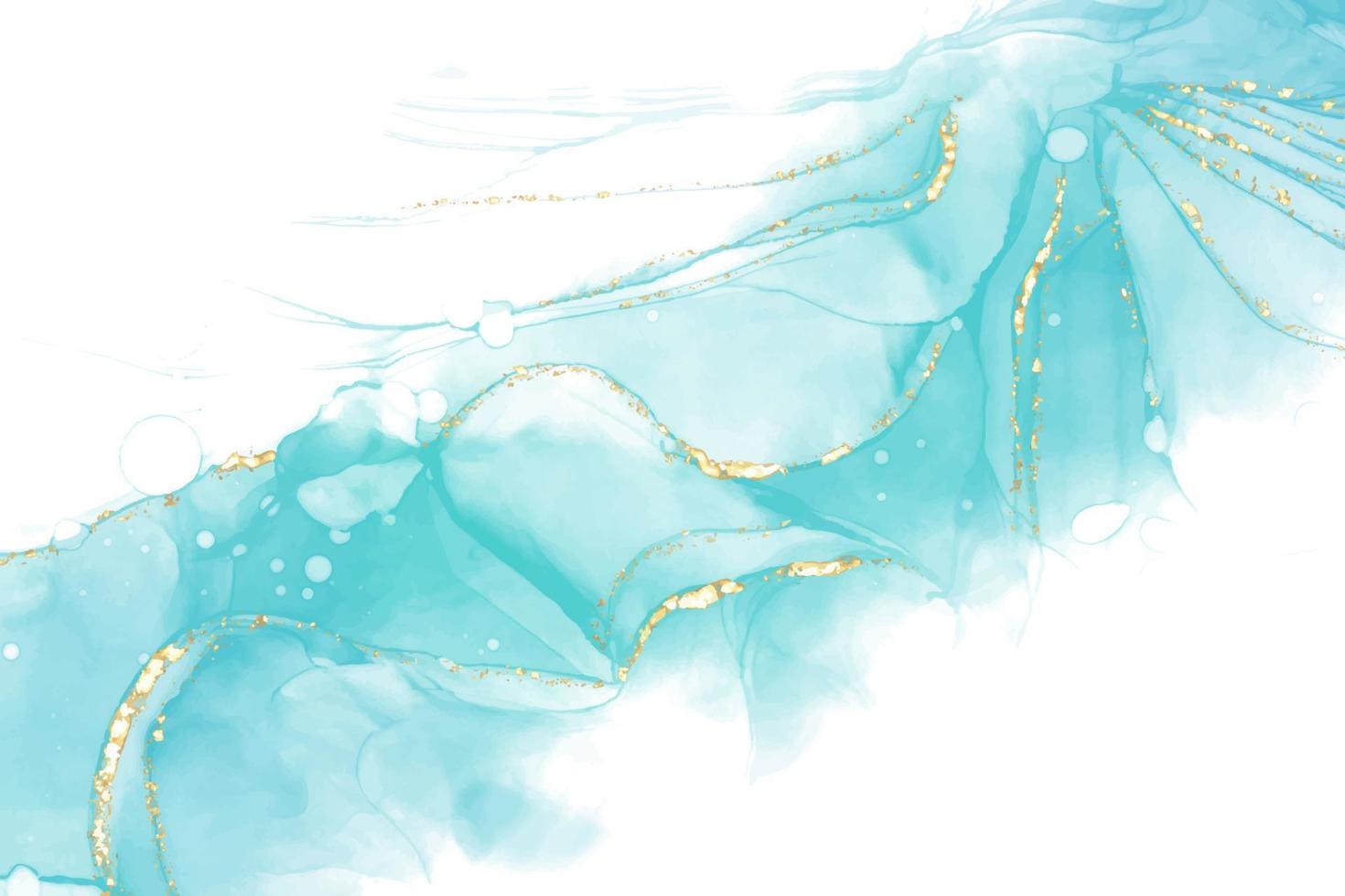 Pastel cyan mint liquid marble watercolor background with gold lines and brush stains. Teal turquoise marbled alcohol ink drawing effect. Vector illustration backdrop, watercolour wedding invitation.