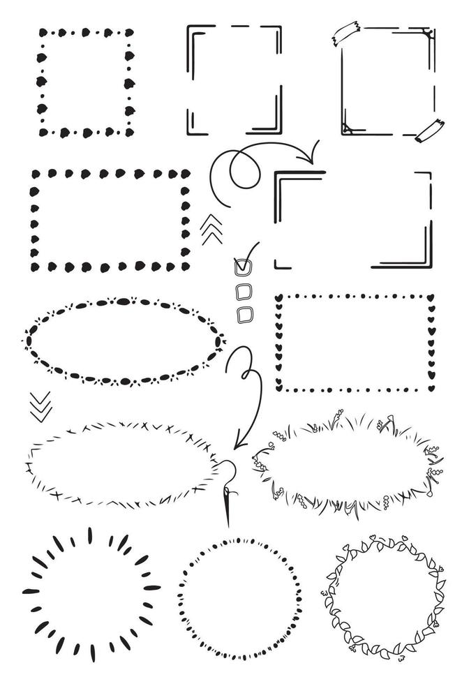 Set of black hand-drawn doodle frames for social networking, diaries, scrapbooking. Graphic floral borders for text, photos, templates for posts. vector