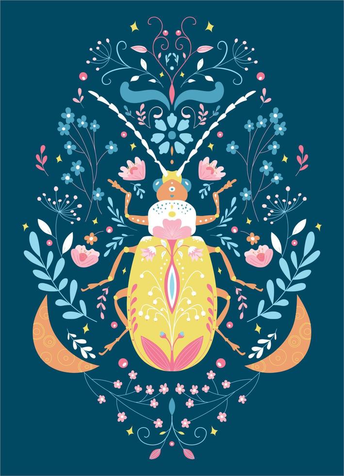 Beautiful folk spring creative illustration with flowers and a beetle. Flower poster, banner, wall art, modern design, postcard, print. Flower arrangement with insect on a dark background vector