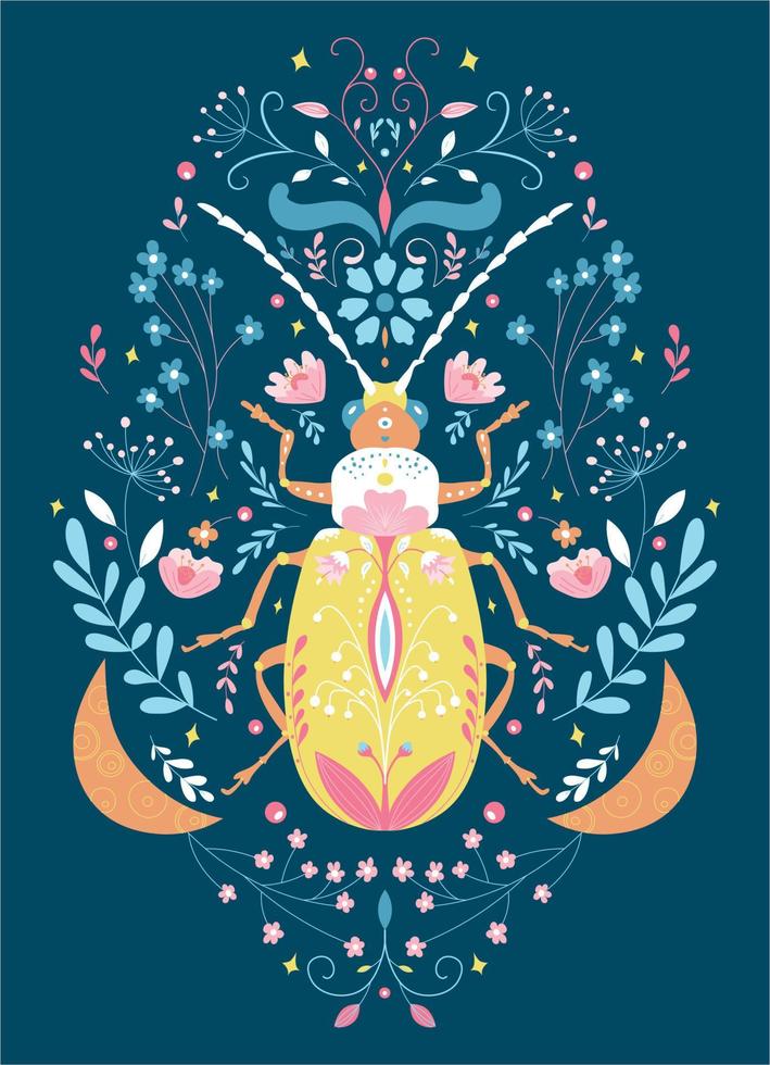 hermosa ilustración creativa de primavera popular con flores y un escarabajo. afiche de flores, pancarta, arte mural, diseño moderno, postal, impresión. arreglo floral con insecto sobre un fondo oscuro vector