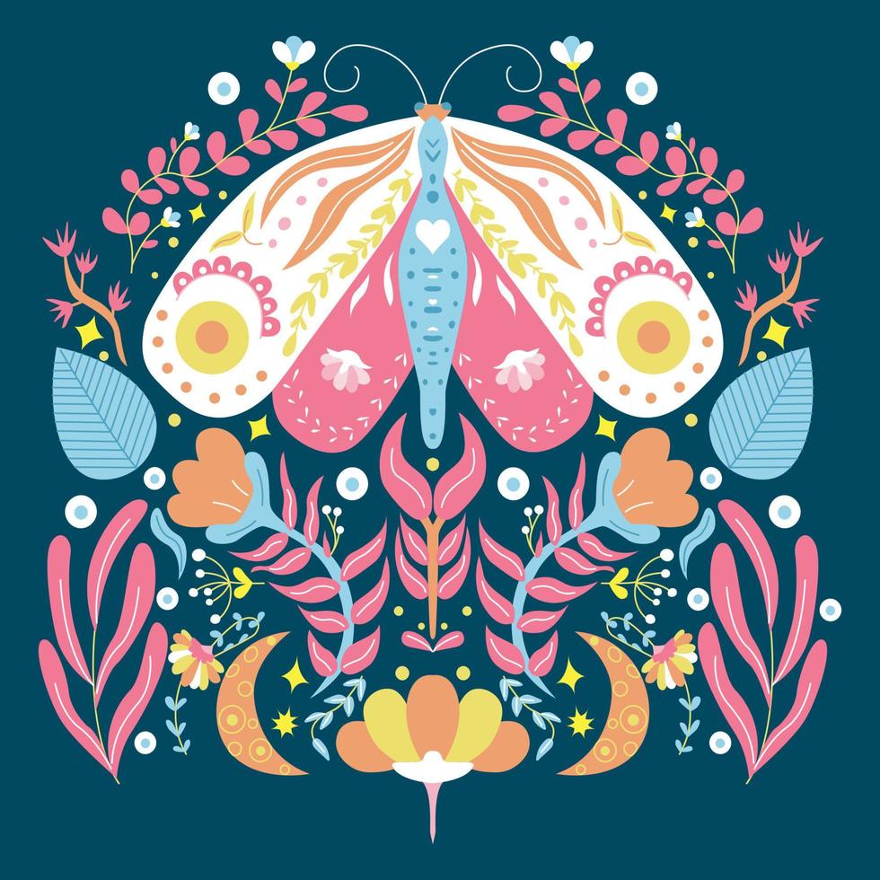 hermosa ilustración de trabajo de arte creativo de primavera con flores y mariposas. afiche floral, pancarta, arte mural, diseño moderno, tarjeta, impresión. polilla en una composición floral vector