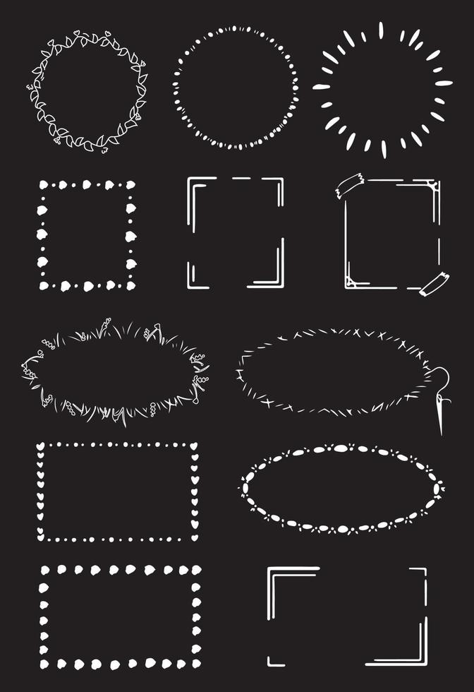 Set of white hand-drawn frames for social networking, diaries, scrapbooking. Graphic doodle floral borders for text, photos, templates for posts. vector