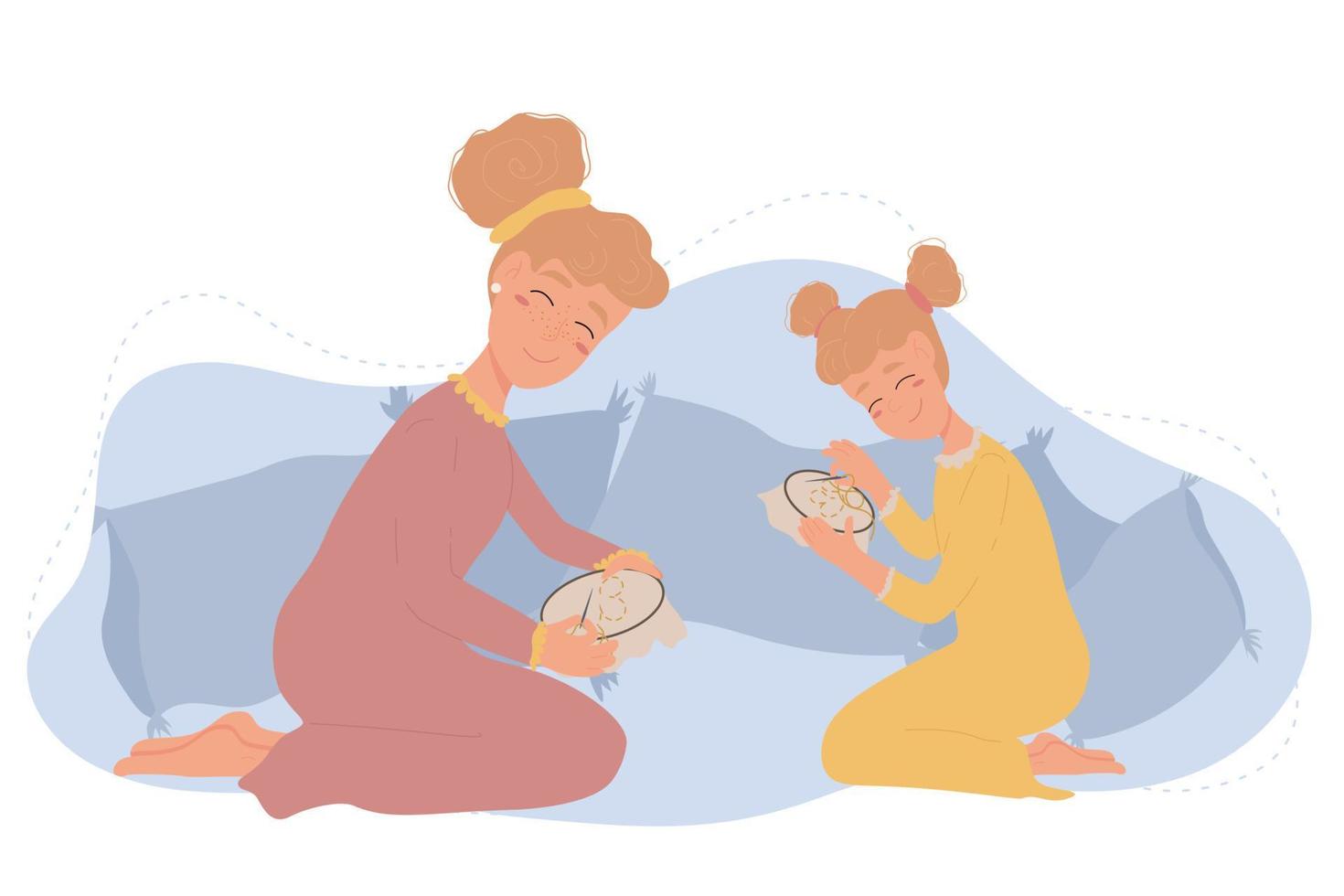 Mother and daughter embroider on a hoop. motherhood . The little girl helps her mother embroider sitting in the cushions. Illustration of family time together, portrait woman and daughter flat. vector