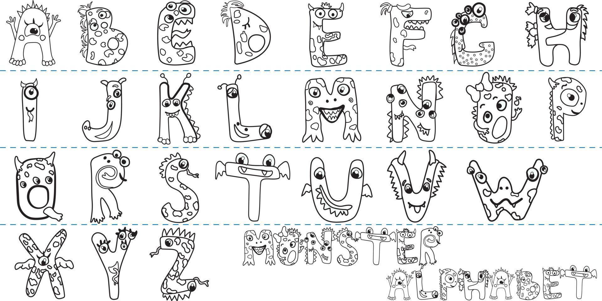 libro de colorear del alfabeto inglés con monstruos divertidos. fuente del alfabeto para niños. elementos aislados para colorear. educación infantil. la crianza y el desarrollo del niño. diversión con fuentes vector