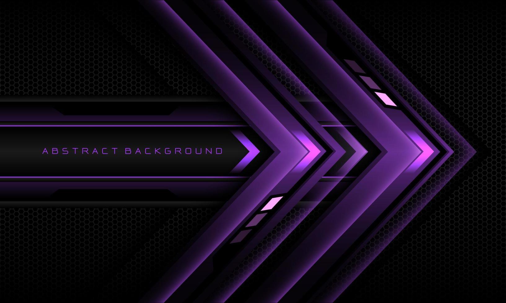 Abstract purple arrow black cyber geometric line banner on black hexagon mesh pattern design ultramodern luxury futuristic technology background vector