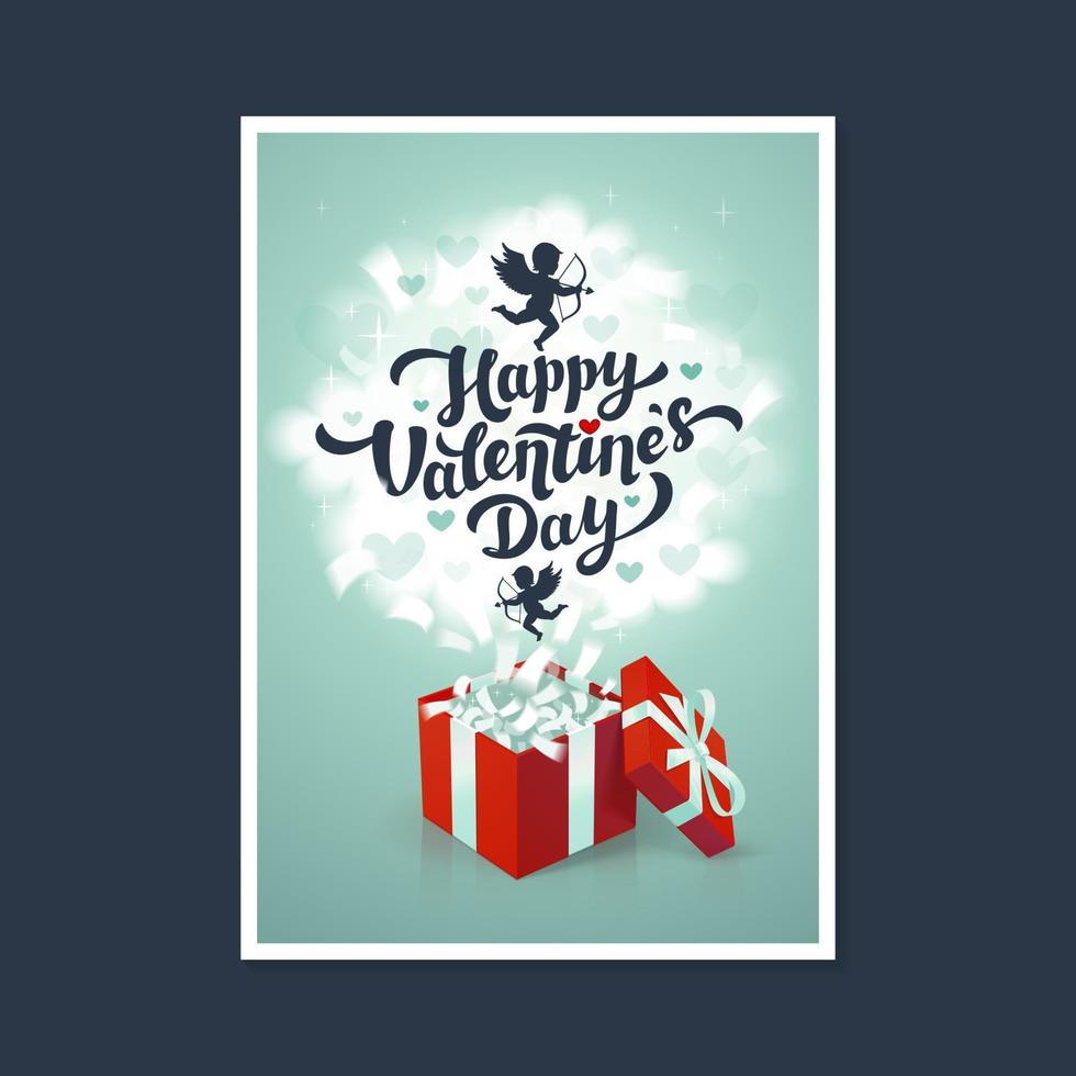 Happy Valentine s day greeting card - love day vector card or poster with red gift box and cupids in the clouds. Vector illustration