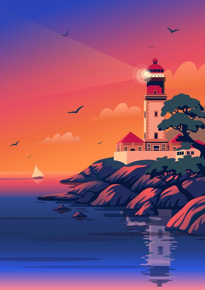 Lighthouse - vector landscape. Sea landscape with beacon on the beach at sunset. Vector illustration in flat cartoon style.