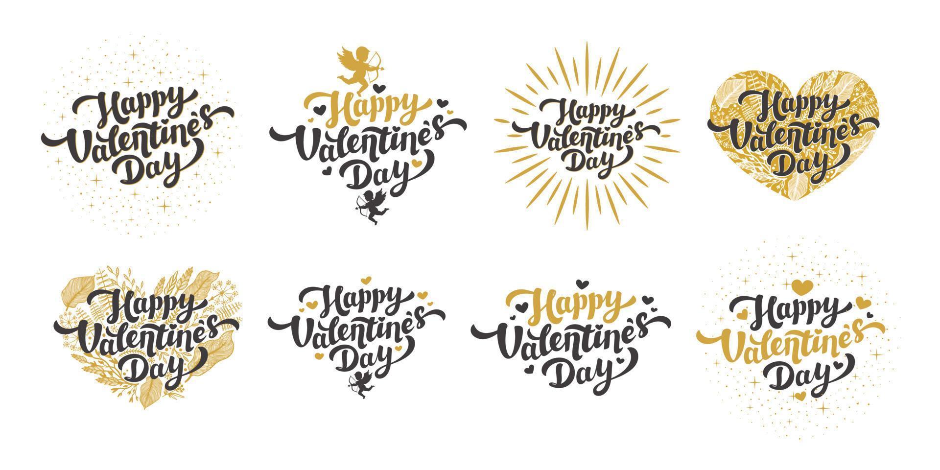 Love day texts set. Golden happy Valentine s day quotes and lettering with hearts and cupids in vintage style on white background. Vector illustration