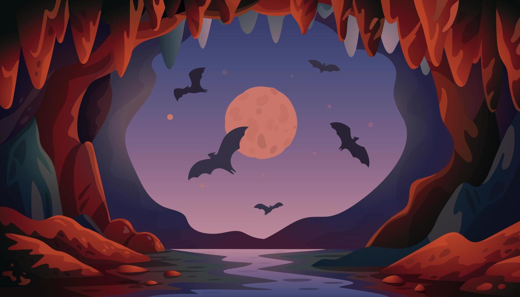 Cave with bats. Night Panoramic vector landscape with flying bats and moon. Vector illustration in flat cartoon style