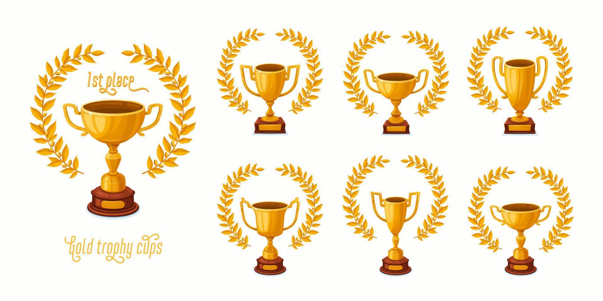 Gold trophy cups with laurel wreaths. Trophy award cups set with different shapes - 1st place winner trophies. Cartoon style vector illustration.