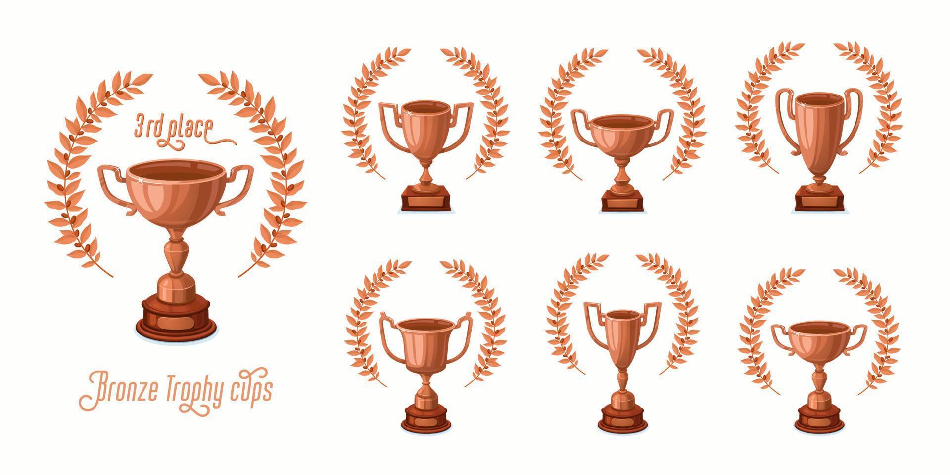 Bronze trophy cups with laurel wreaths. Trophy award cups set with different shapes - 3rd place winner trophies. Cartoon style vector illustration.