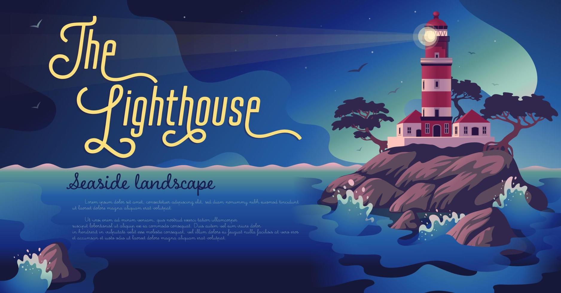Lighthouse - vector landscape. Sea landscape with beacon on the cliff. Vector horizontal illustration in flat cartoon style.