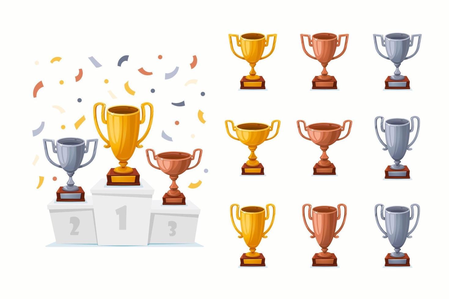 Trophy cups on a podium with confetti. Gold, silver, and bronze winner prize cups set with different shapes - 1st, 2nd, and 3rd place trophies on a white pedestal. Cartoon style vector illustration.