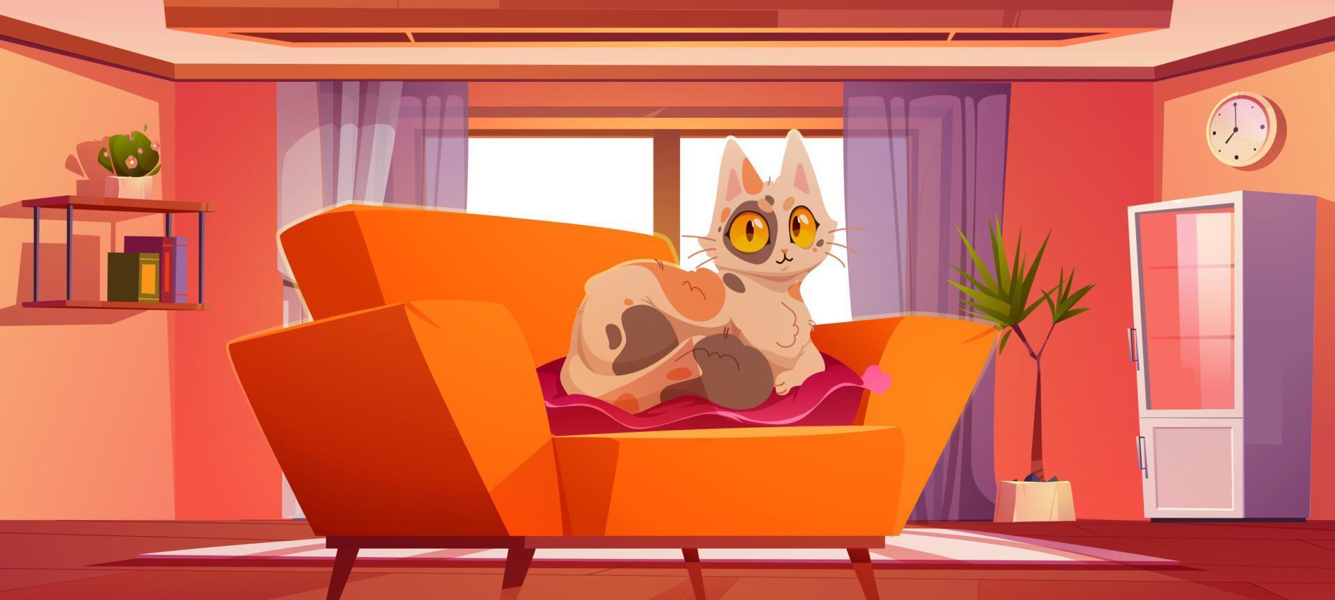 Living room with cute cat lying on pillow on sofa vector