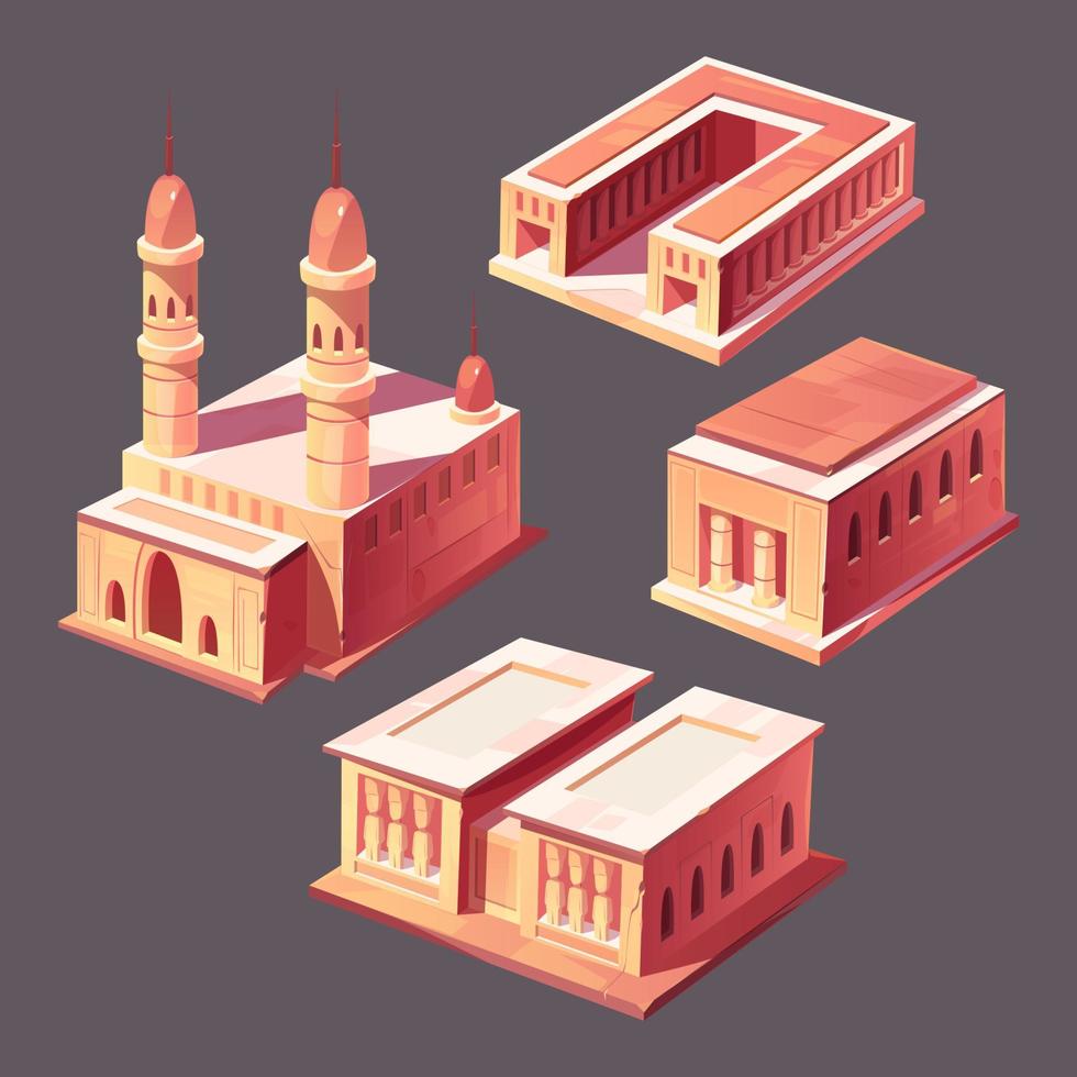 Conjunto de iconos de vector isométrico de edificios de Egipto.