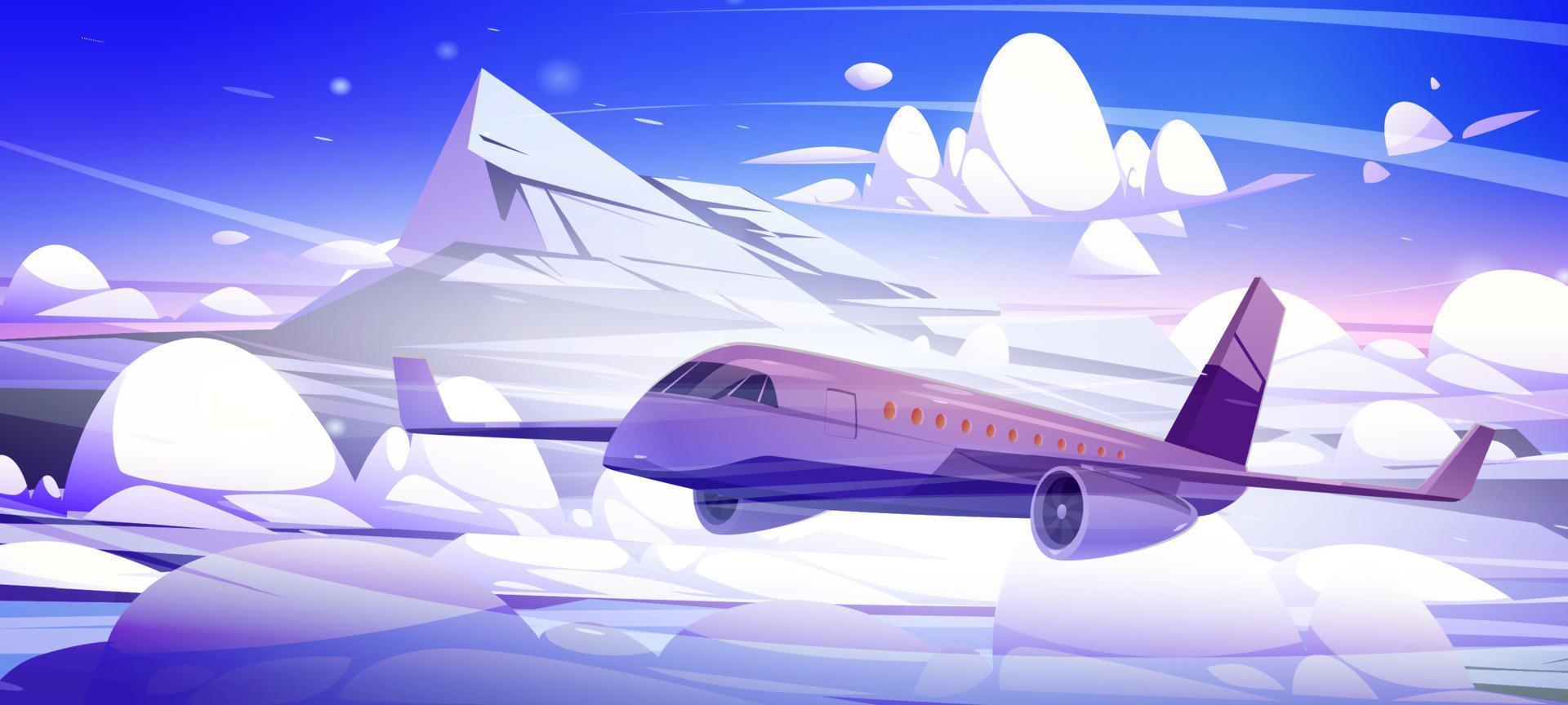 avión vuela sobre nubes blancas esponjosas cerca de la montaña vector