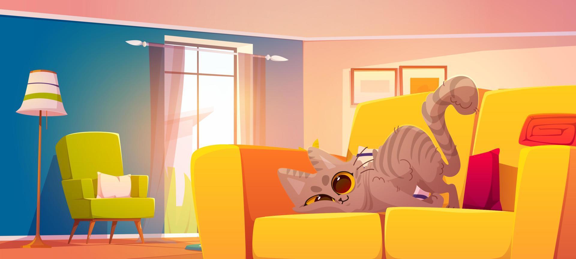 Living room with cute cat lying on pillow on sofa vector