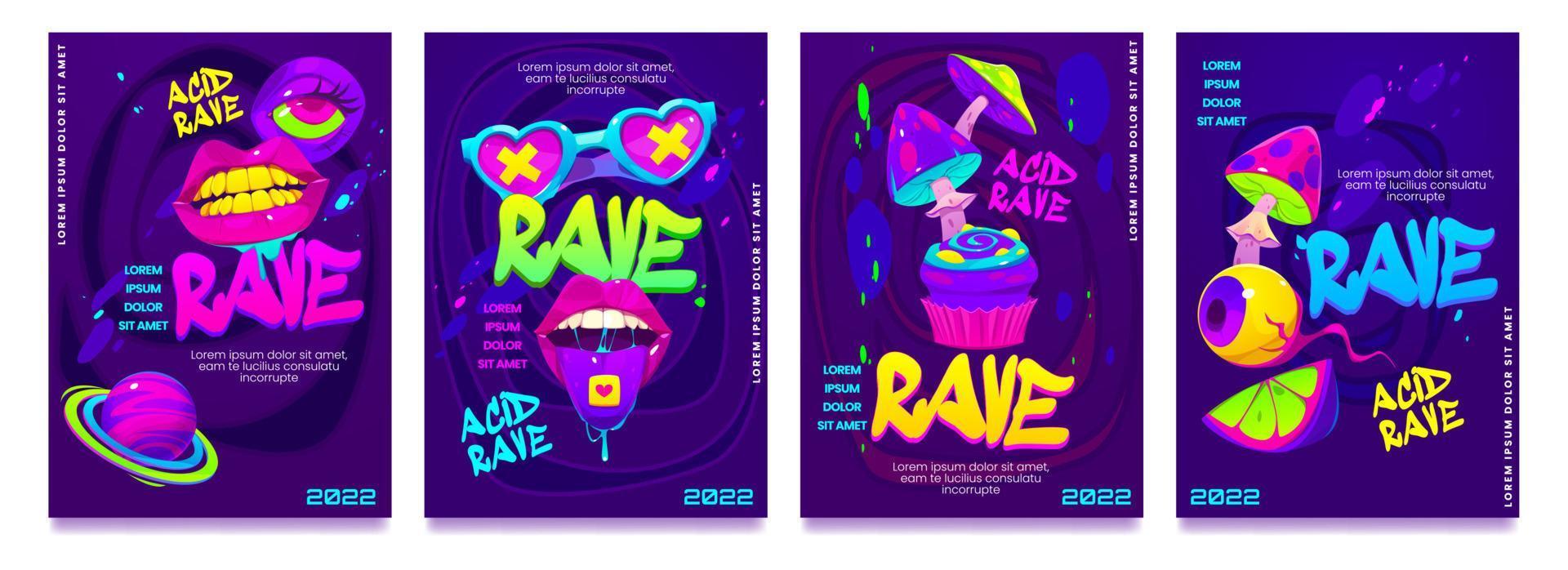 Psychedelic rave trip party banner template set vector