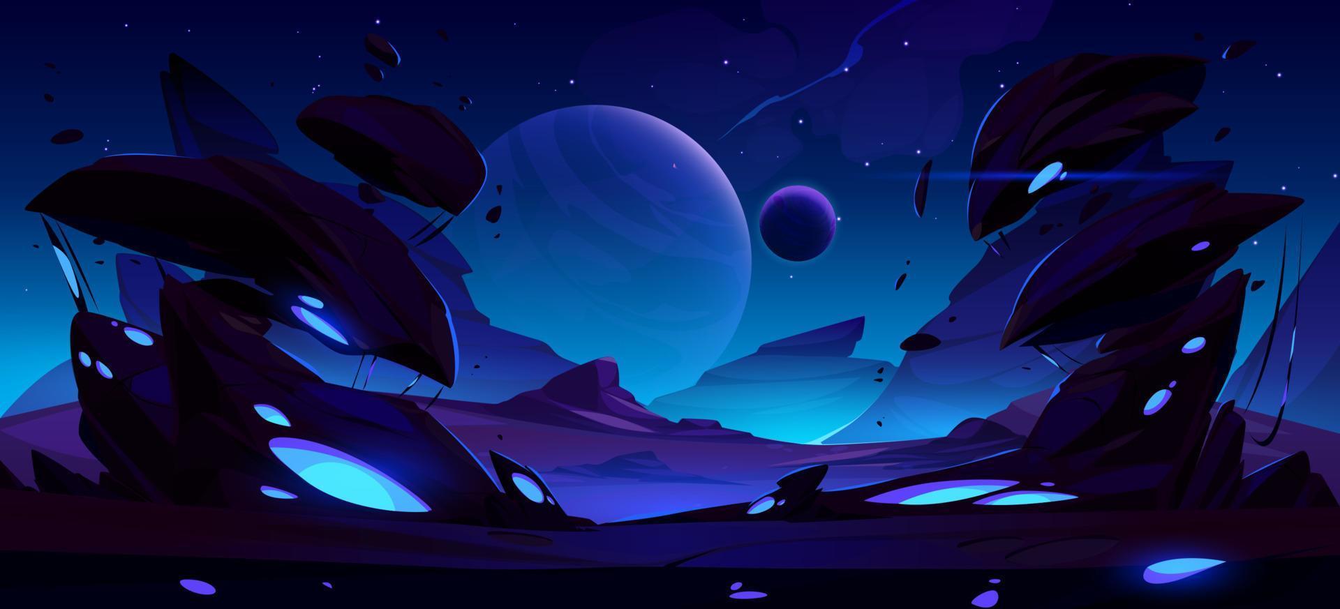 Fantastic night landscape, alien planet with rocks vector