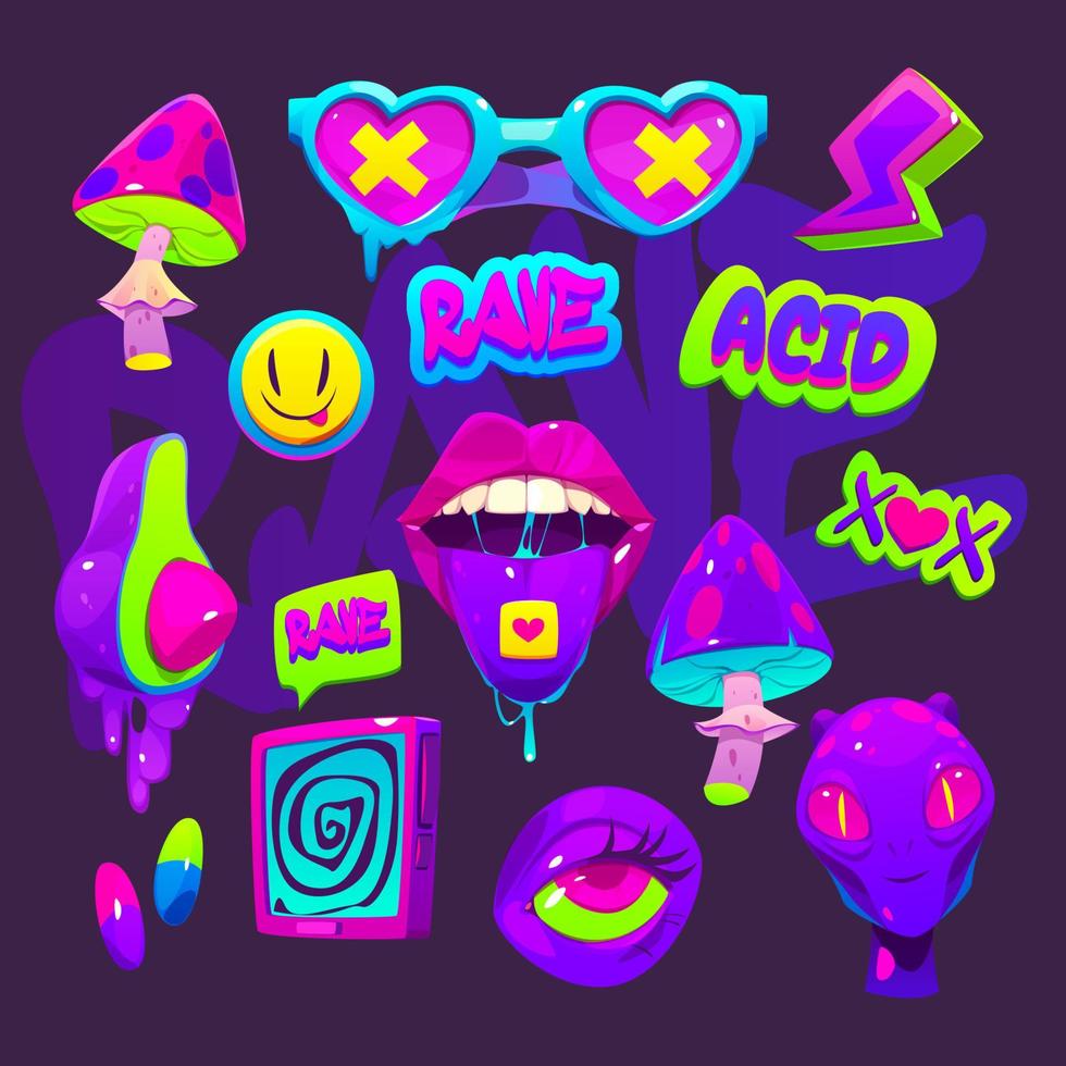 Acid stickers with aliens, mushrooms and tv vector