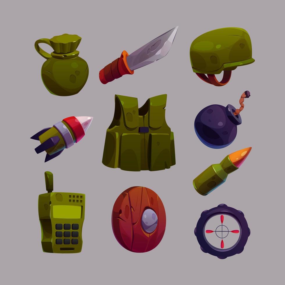 vector de dibujos animados de iconos de juegos militares, colección de guerra