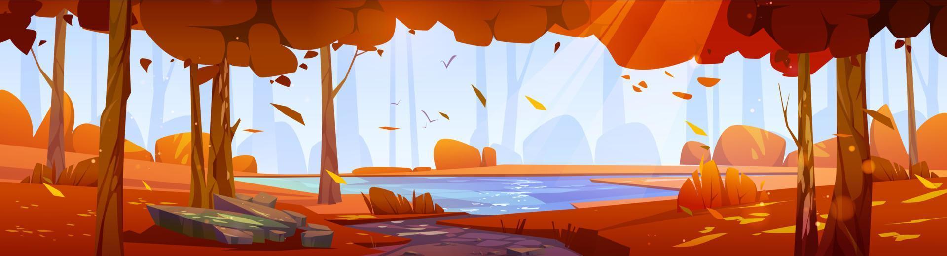 Cartoon autumn forest background with clear lake vector