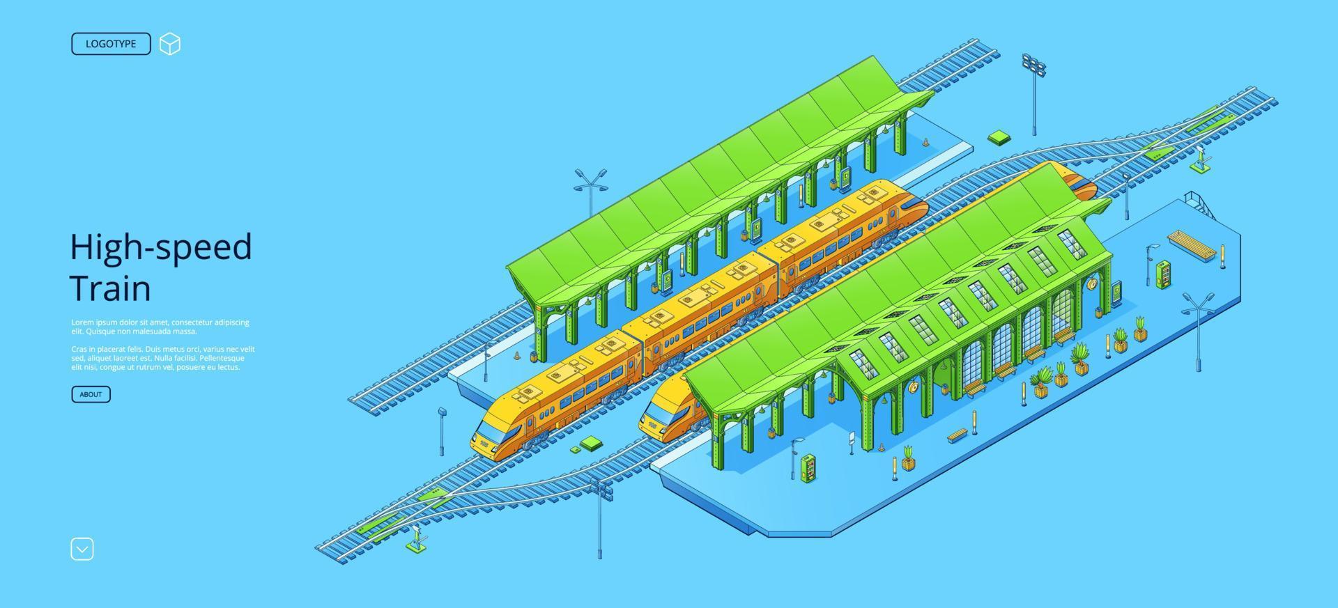 Isometric high-speed train and railway station vector